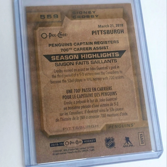 Sidney Crosby 2018-2019 OPC Season Highlights Pittsburgh Penguins Card #559 - Picture 2 of 2